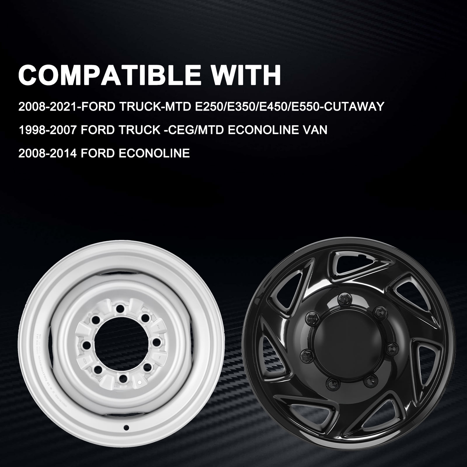 16" HubCaps For Ford E150 E250 E350 E450 VAN; 16 inch Steel Wheel Covers ; Glossy Black; Set Of 4 Packs