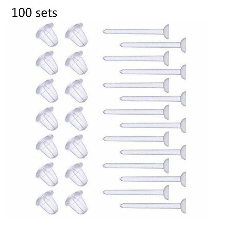 100 Sets Plastic Earring Posts & Backs Hypoallergenic Clear Ear
