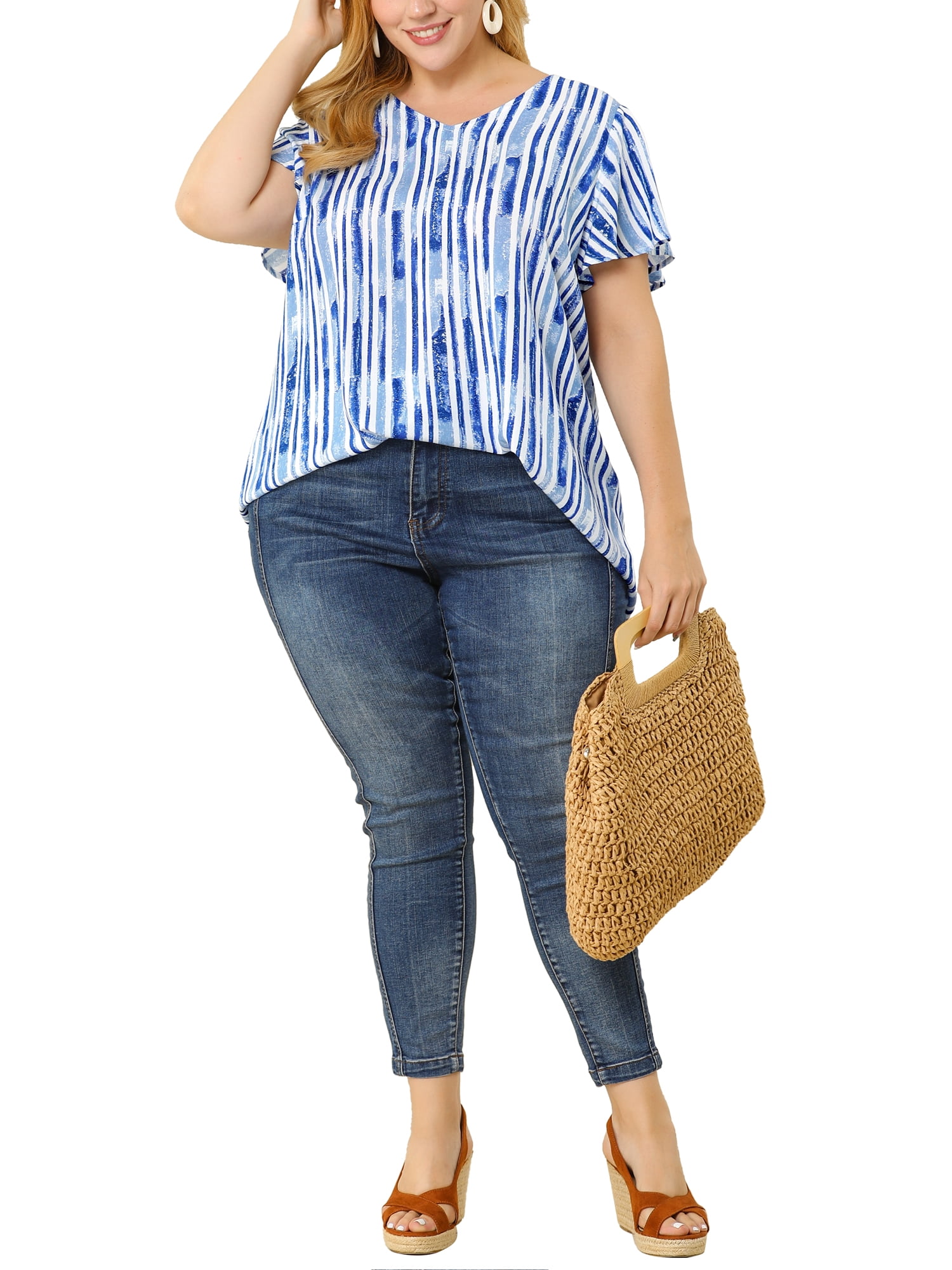 Unique Bargains Women's Plus Size Blouses Short Sleeve Loose Stripe Top