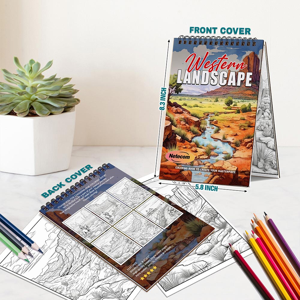Western Landscape Coloring Book Spiral Bound For Adults, A5 Wooden Cover, 30 Beautiful Coloring Pages in Wild West Scenery for Stress Relief and Relaxation