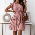 thumbnail image 4 of Moda verano mujer verano cuello redondo Color sólido sin mangas cintura elástica vestido (cinturón incluido) Pompotops  ghjkhdj5985, 4 of 8