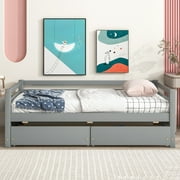 Twin Size Solid Wood Daybed with Rails, Daybed Frame with Two Storage Drawers, Wooden Slats Support, No Box Spring Needed, Clean Lines Design to Any Place(Grey)