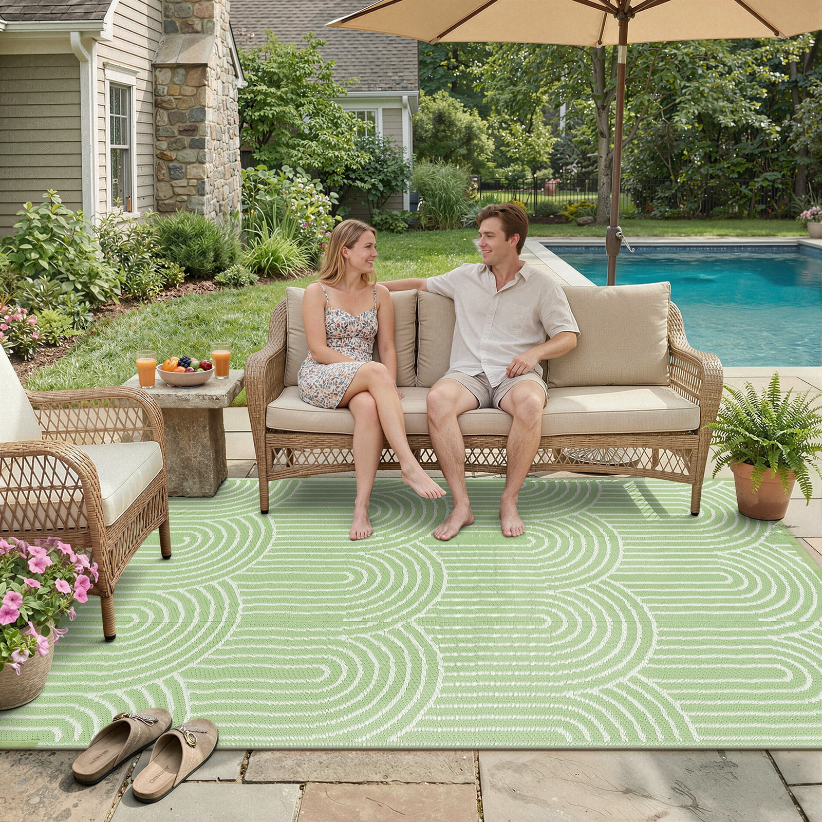 Lahome Decor 6’X9’ Rainbow Outdoor Rug for Patio,Beach Mats Waterproof, Camping Rug for Outside RV, Portable Plastic Straw Outdoor Area Rug for Backyard, Garden, Pool Deck,Green