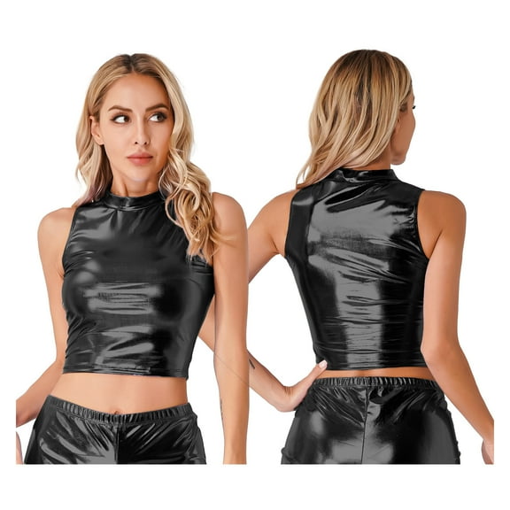 Aiihoo Women's Wet Look Faux Leather Crop Tops Sleeveless Turtleneck Clubwear Black M