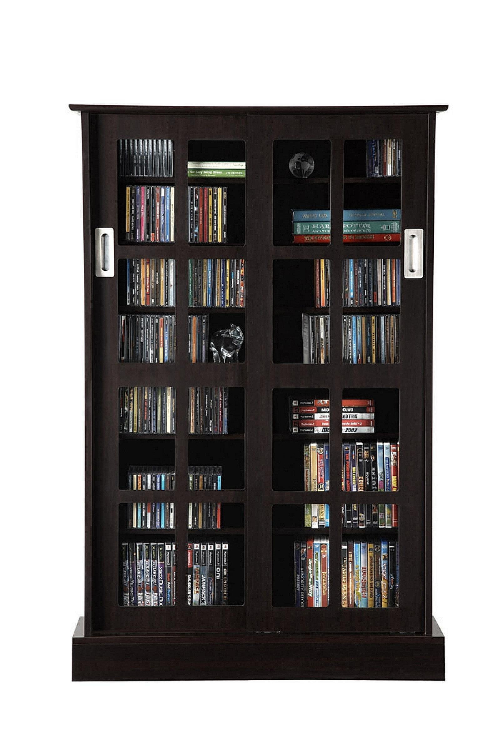 Atlantic Windowpane Adjustable Media Cabinet - Tempered Glass Pane Styled Sliding Doors, Store 216 Blu-Rays,192 DVDs or 576, Adjustable Shelves, 32 X 9.5 X 49.25 inches PN94835721 in Espre