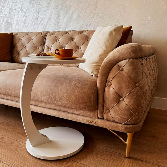 Ultimate Premium Products C-Shaped Round End Table with Rolling Wheels White