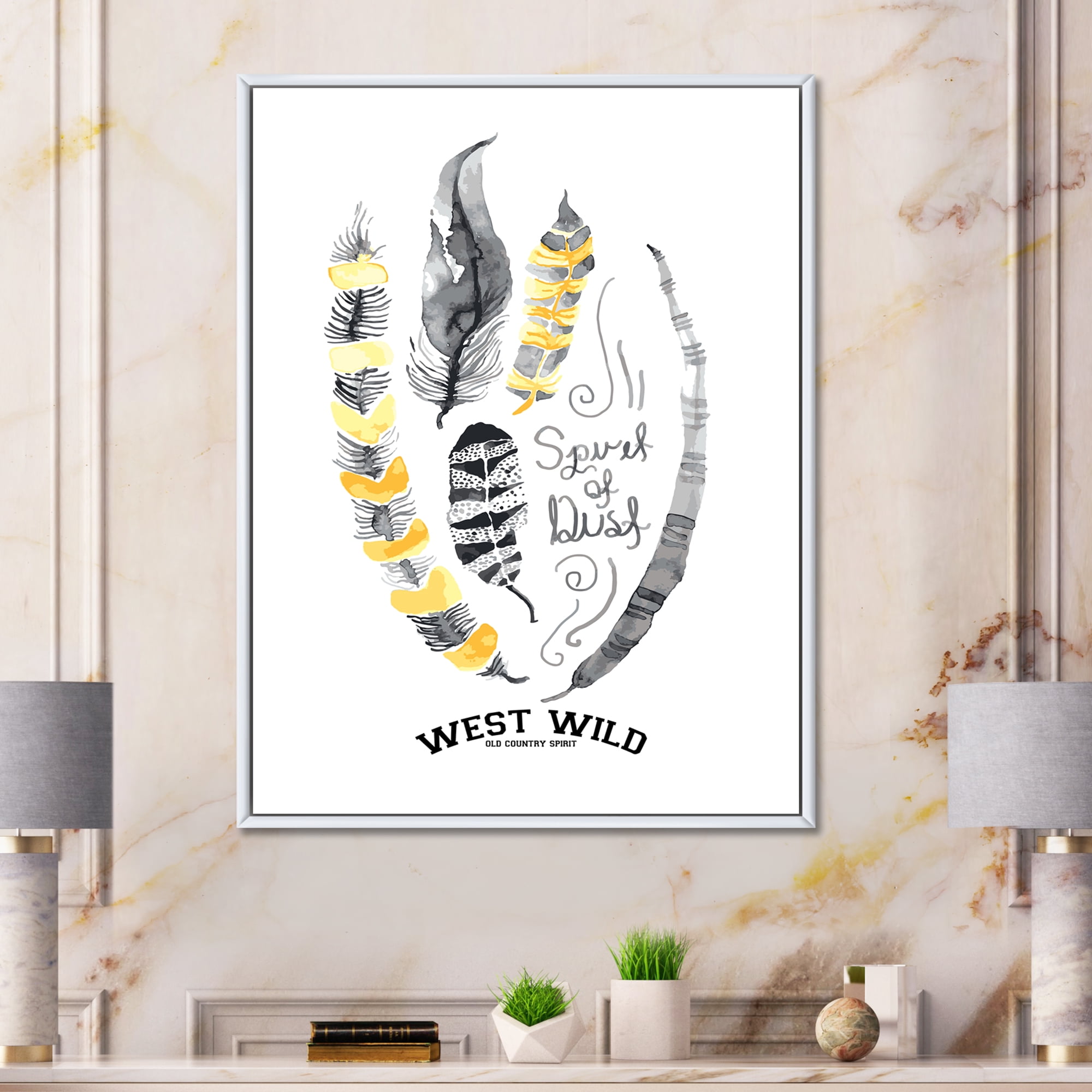 Designart 'Yellow Ethnic Plume Feathers On White' Bohemian & Eclectic Framed Canvas Wall Art Print