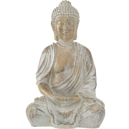 Golden Temple Buddha, Soft Grey Patina 12.25 Inch Tall, Detailed Seated Statue, Vintage Museum Quality Reproduction, Hand Cast Resin
