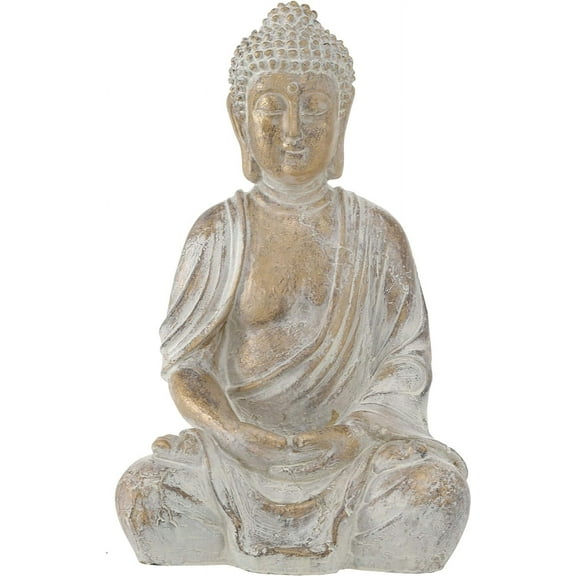 Golden Temple Buddha, Soft Grey Patina 12.25 Inch Tall, Detailed Seated Statue, Vintage Museum Quality Reproduction, Hand Cast Resin