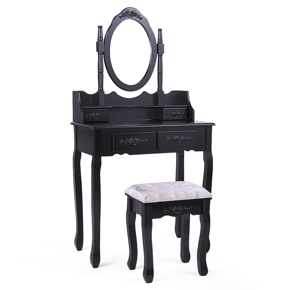 Kepooman Mid Century Vanity Set, Makeup Vanity Desk with 4 Drawers / Oval Mirror / Cushioned Stool - Black Kepooman Mid Century Vanity Set, Makeup Vanity Desk with 4 Drawers / Oval Mirror / Cushioned Stool - Black