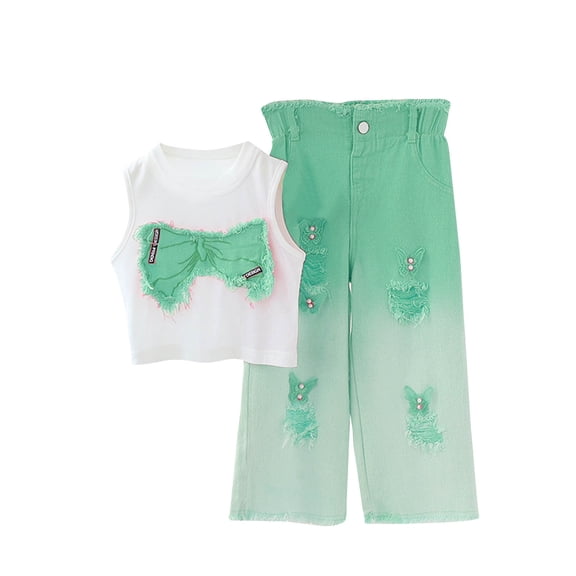Ugoldhm Girls 2-Piece Trendy Outfit, Bow Tank Top & Ombre Wide Leg Jeans, Comfortable Matching Set for 3 to 13 Years Old