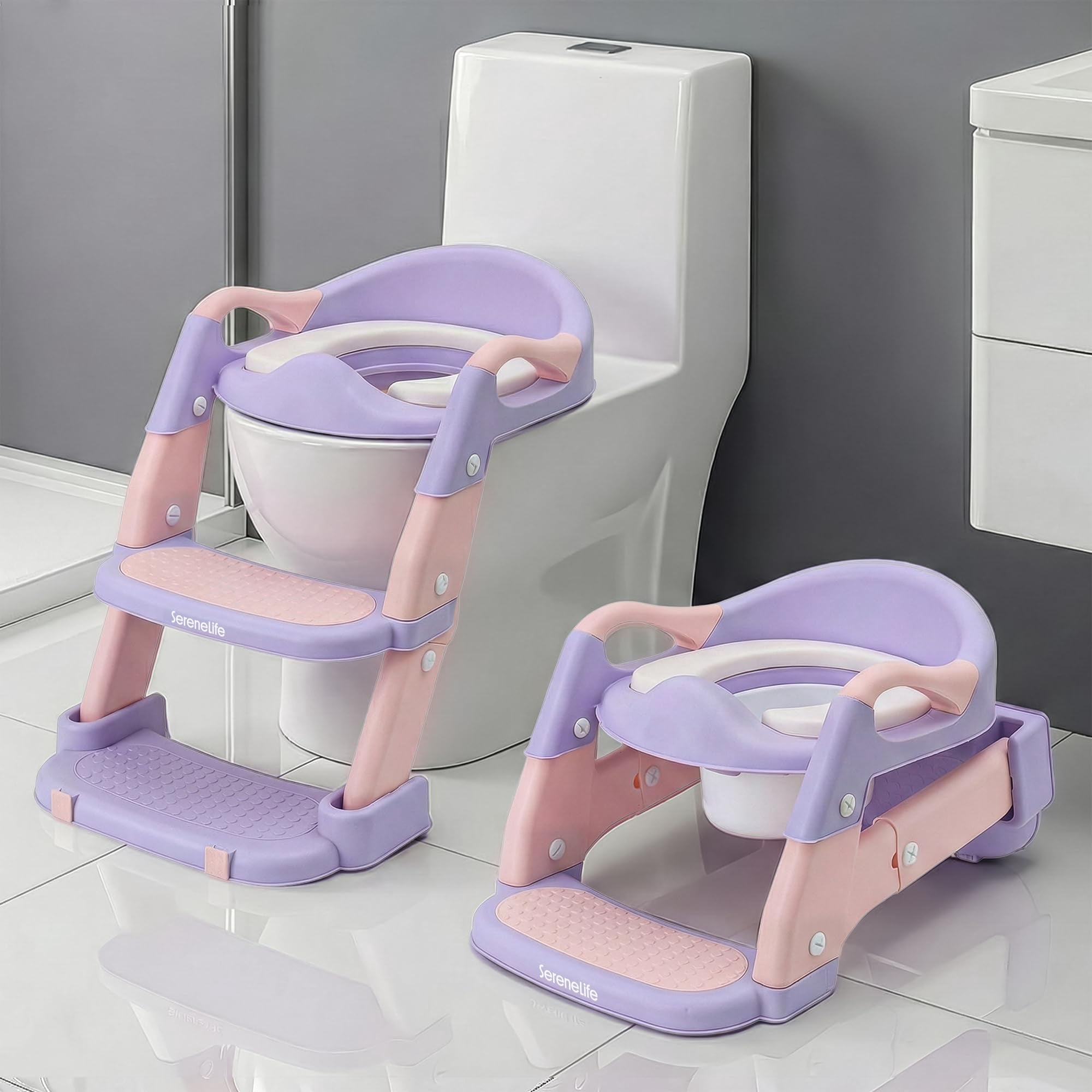 SereneLife 2-in-1 Potty Chair & Potty Training Seat – Adjustable Toddler Toilet Seat with Step Stool Ladder, Cushioned Seat, Splash Guard & Anti-Slip Design for Boys & Girls