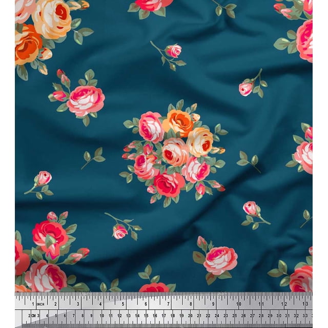 Soimoi Tissu Popeline de Coton Imprimé Feuilles & Roses au Mètre 42 Pouces de Large