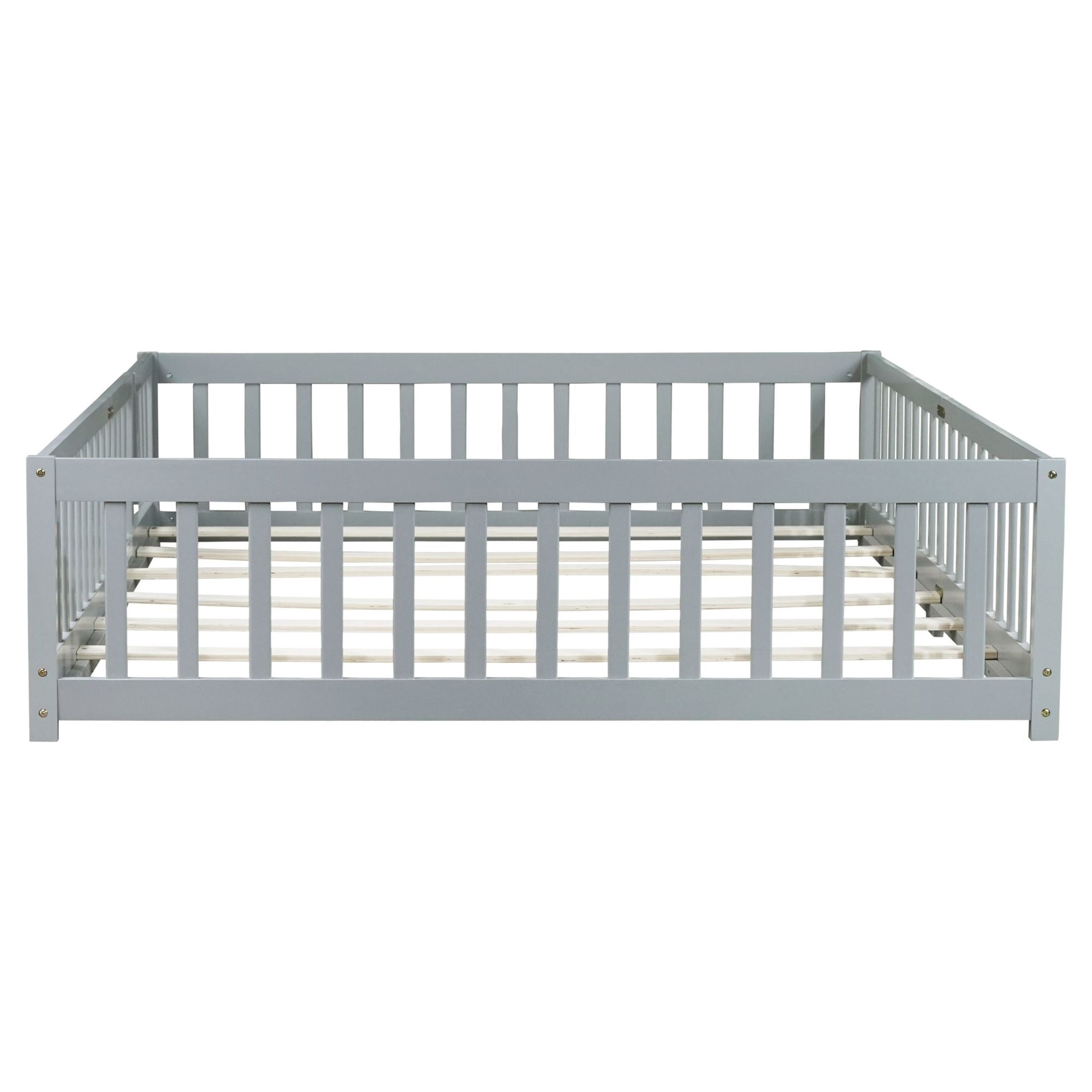 Noble House Queen Size Floor Bed, Solid Rubber Wood Frame with Fence, Door, Guardrails & Slat Support, Grey