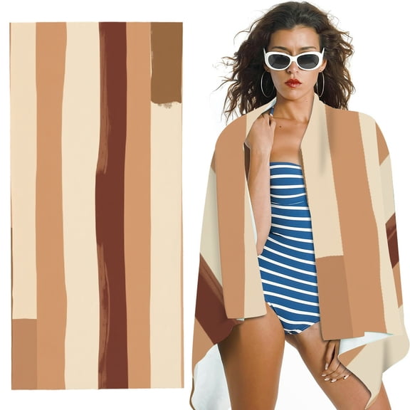 RKSupls Brown Beige Vertical Stripe Microfiber Beach Towel, Extra Large Quick Dry Lightweight Absorbent Towel for Travel Swimming Camping, Soft Super Absorbent- 30x60 in