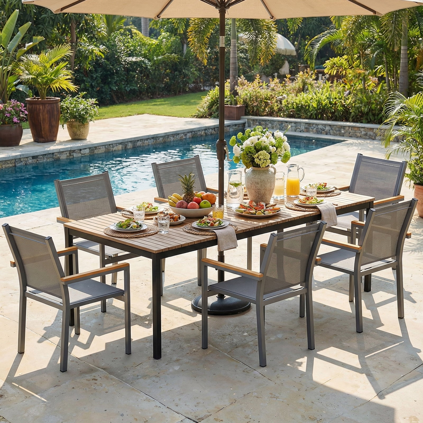 LIFERUN Patio Chairs Set of 6, Stackable Aluminum Dining Chair with Textilene Fabric & WPC Handrail, 17" Seat Height, All Weather Outdoor Chair for Poolside, Balcony, Terrace & Restaurants, Grey