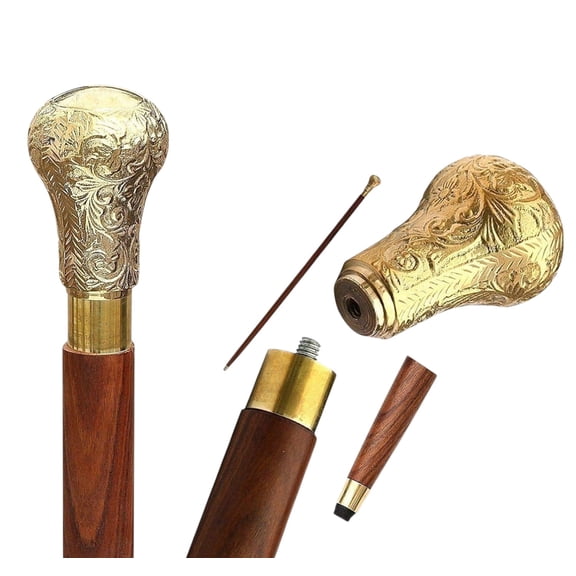 Vintage Wooden Walking Stick with Brass Embossed Handle, Lightweight & Sturdy Victorian Cane for Men & Women