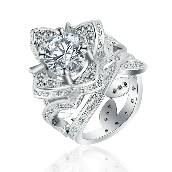 Josie Flower Wedding Ring Set for Women Cz Engagement Ring Matching Band Ginger Lyne Size10