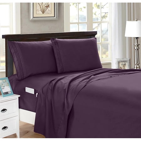 Elegant Comfort 1500 Series 4-Piece Smart Sheet Set with Side Storage Pockets Full Purple