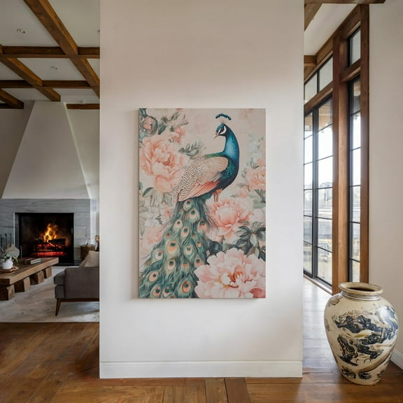 Velto Elegant Peacock Canvas Wall Art Vibrant Boho Floral Decor with Pink Blossoms for Living Room or Bedroom, SIZE 8x10 INCLUDE Pine Wood Frame 1.25-Inch