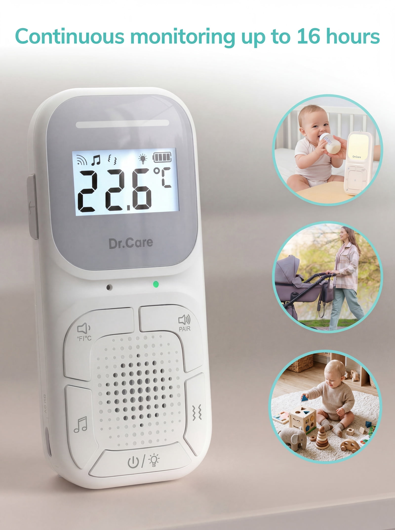 Dr.Care Portable Digital Audio Baby Monitor Built-in Nightlight , Hanging Cord 1000ft Range ABM002