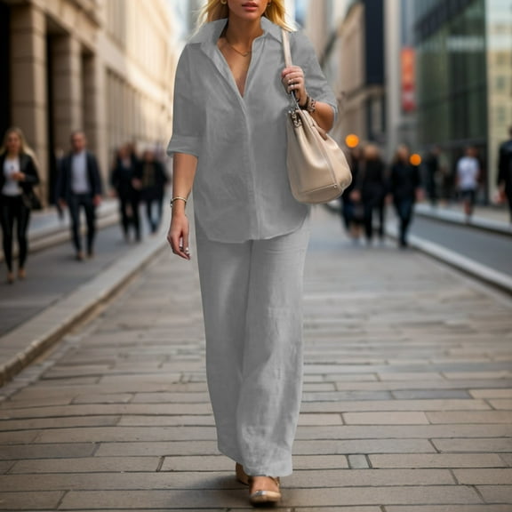 Women's Casual Pure Color Wide Leg Pant Suit 2 Piece Long Pants Outfit Border Fashion Set Dress Suits for Girls Women Pants Woman Suites Woman Pantsuit Sweater Pants Set Woman Pants Suits for Party