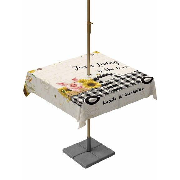 Outdoor Tablecloths with Umbrella Hole & Zipper, Cute Pig 60x60 Inch Square Tablecloths, County Sunflowers Truck Farmhouse Black White Plaid Waterproof Table Cloth, Patio/Pool/Picnic Table Covers