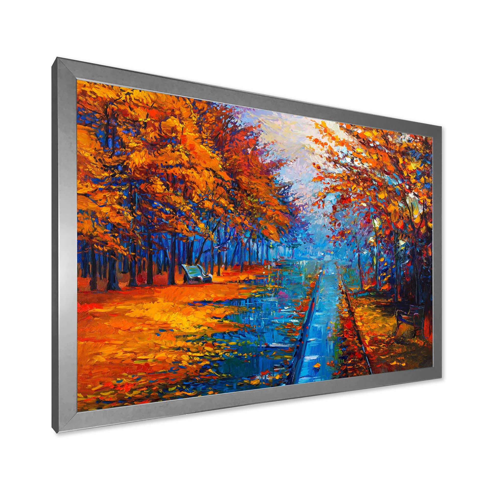Designart 'Orange Autumn Landscape With Little Road II' Traditional Framed Art Print