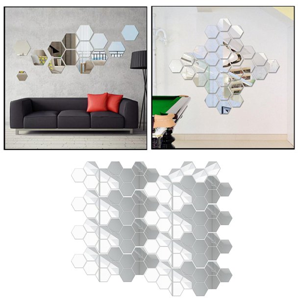 Etiqueta engomada de del espejo, 100 piezas / pieza Hexagon DIY Hexagonal Acrylic Mirror Living Room Plata 46x40x23mm Macarena pegatinas de pared de acrílico espejo