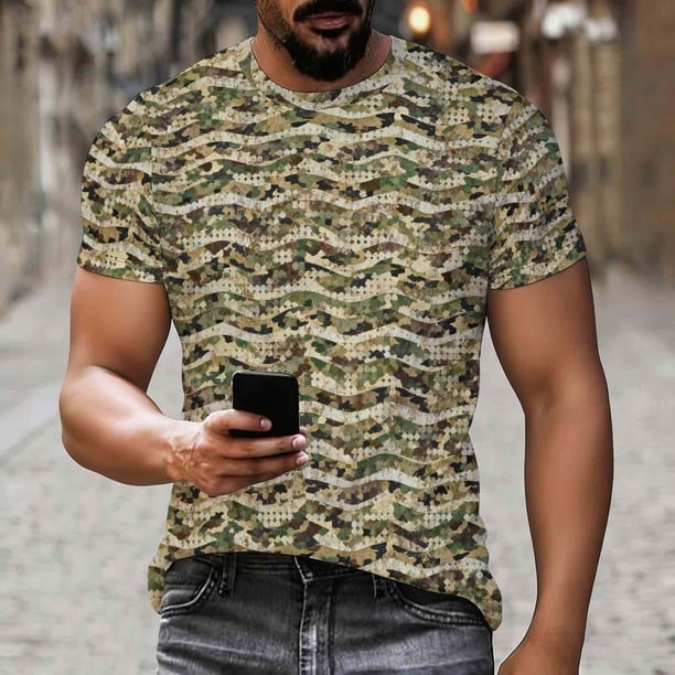 Ceisia Men's Wave Texture Camouflage Print Crew Neck T-Shirts, Stretchy Breathable Casual Short Sleeve Tops Gifts