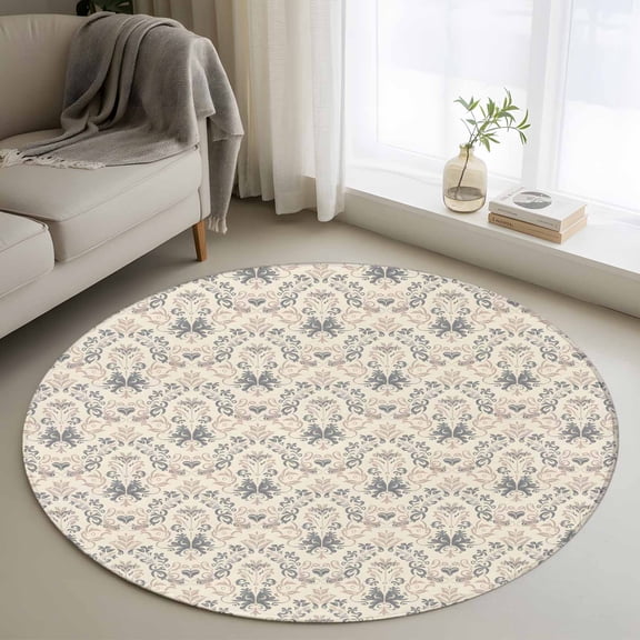 Beige Grey Baroque Round Area Rug 4 FT, Non Slip Indoor Outdoor Rug, Abstract Art Floral Pattern Washable Soft Circular Carpet Non-Shedding Floor Mat for Coffee Table Nursery Foyer Balcony
