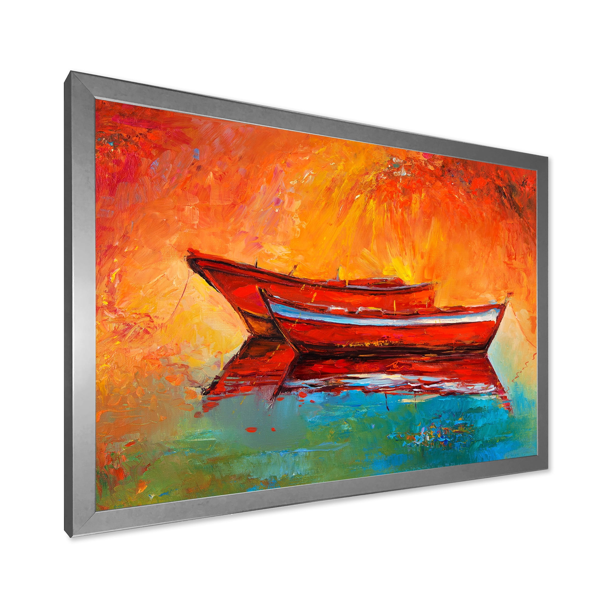 Two Red Boats During Sunset In Lake 32 in x 24 in Framed Painting Canvas Art Print, by Designart