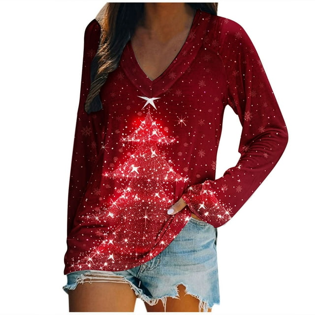 Timegard Chemises de Noël pour Femmes Grande Taille Imprimé Col en V Manches Longues Pull de Fête de Vacances