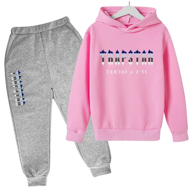 Trapstar Ensembles de Chandails à Capuchon pour Enfants Chandails Graphiques à Manches Longues pour Garçons Filles Amples Trapstar Chandails à Enfiler de Rue+pantalons de Survêtement Ensemble pour Enfants de 2 Ensembles de Chandails Classiques (Rose Pâle, 160)