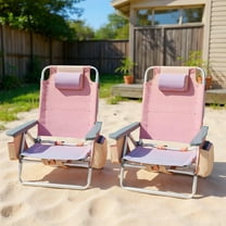 Resenkos 2 Pieces Folding Backpack Beach Chair with Pillow-Pink, Patio Lawn Webbed Folding Chairs, Outdoor Beach Portable Camping Chair for Yard, Garden Dining