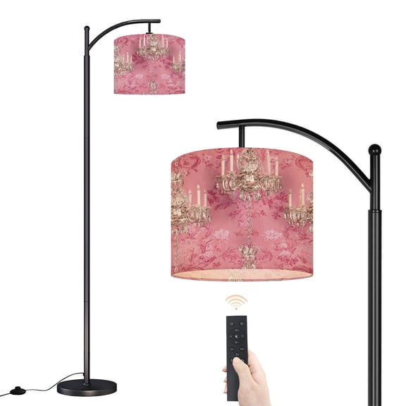 Arc Floor Lamp with Adjustable Lampshade Vintage Crystal Chandeliers Floral Pink Standing Lamp 3 Color Temperatures Dimmable Tall Pole Lamp with Foot Switch for Bedroom