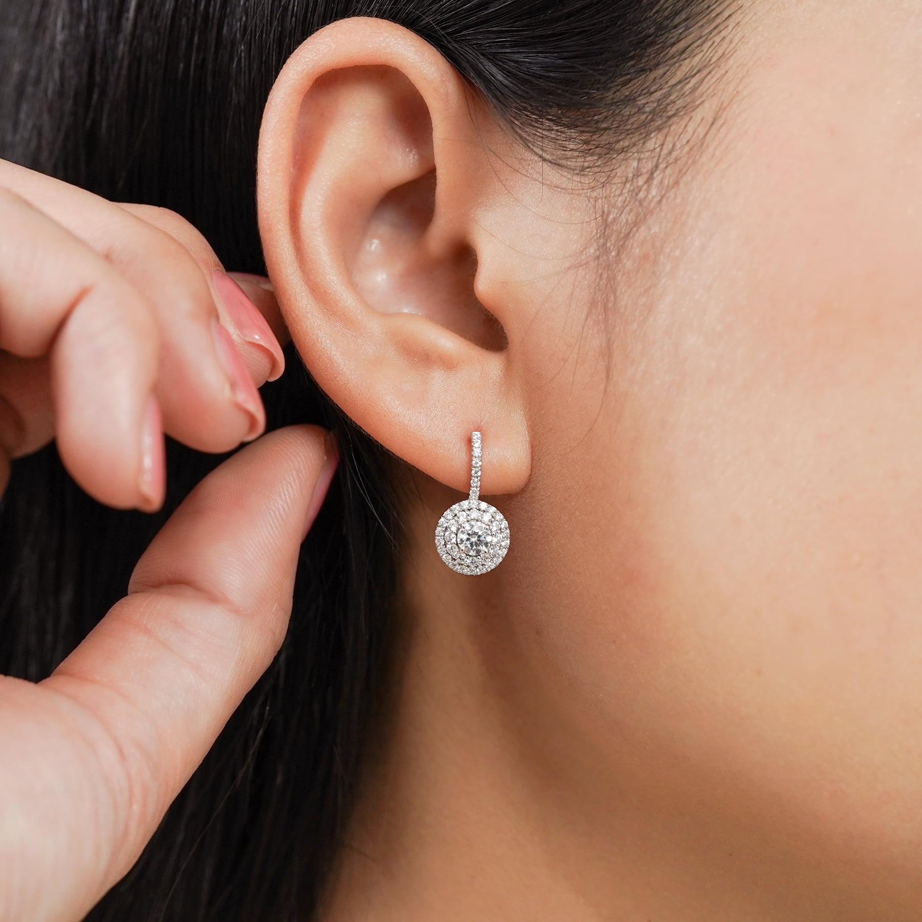 JeenMata 1 Carat Lab Grown Diamond Halo Drop Earrings - Round Cut Vintage Inspired Earrings in White Gold Plating