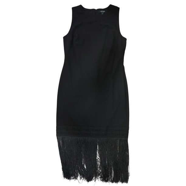 Ralph Lauren Vestido de cóctel con ribete de flecos para mujer, negro, 4