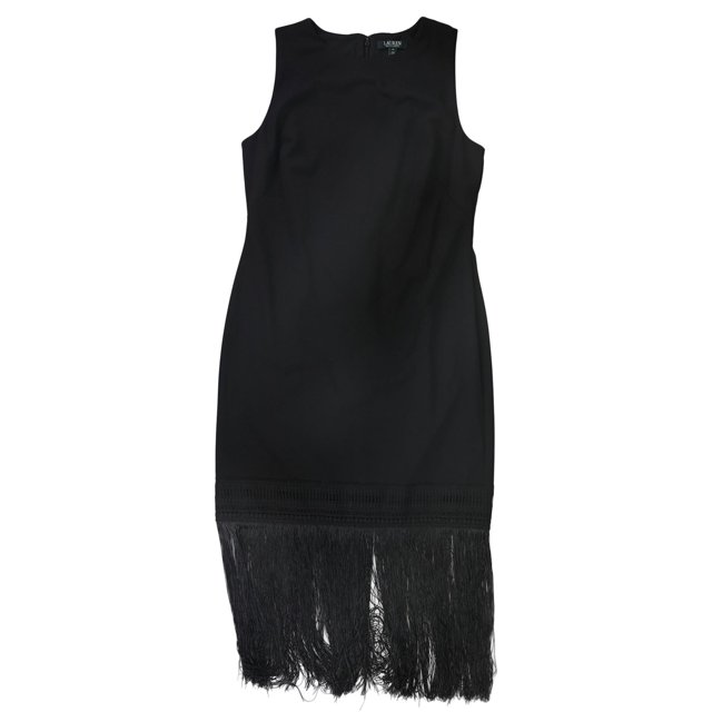 Ralph Lauren Vestido de cóctel con ribete de flecos para mujer, negro, 4