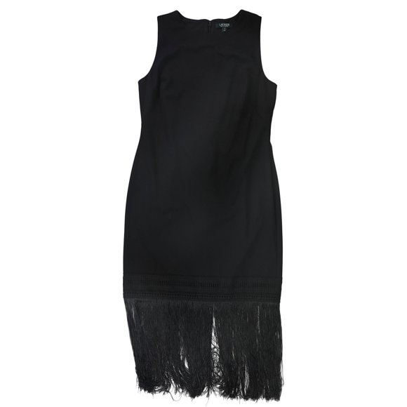 Ralph Lauren Vestido de cóctel con ribete de flecos para mujer, negro, 4