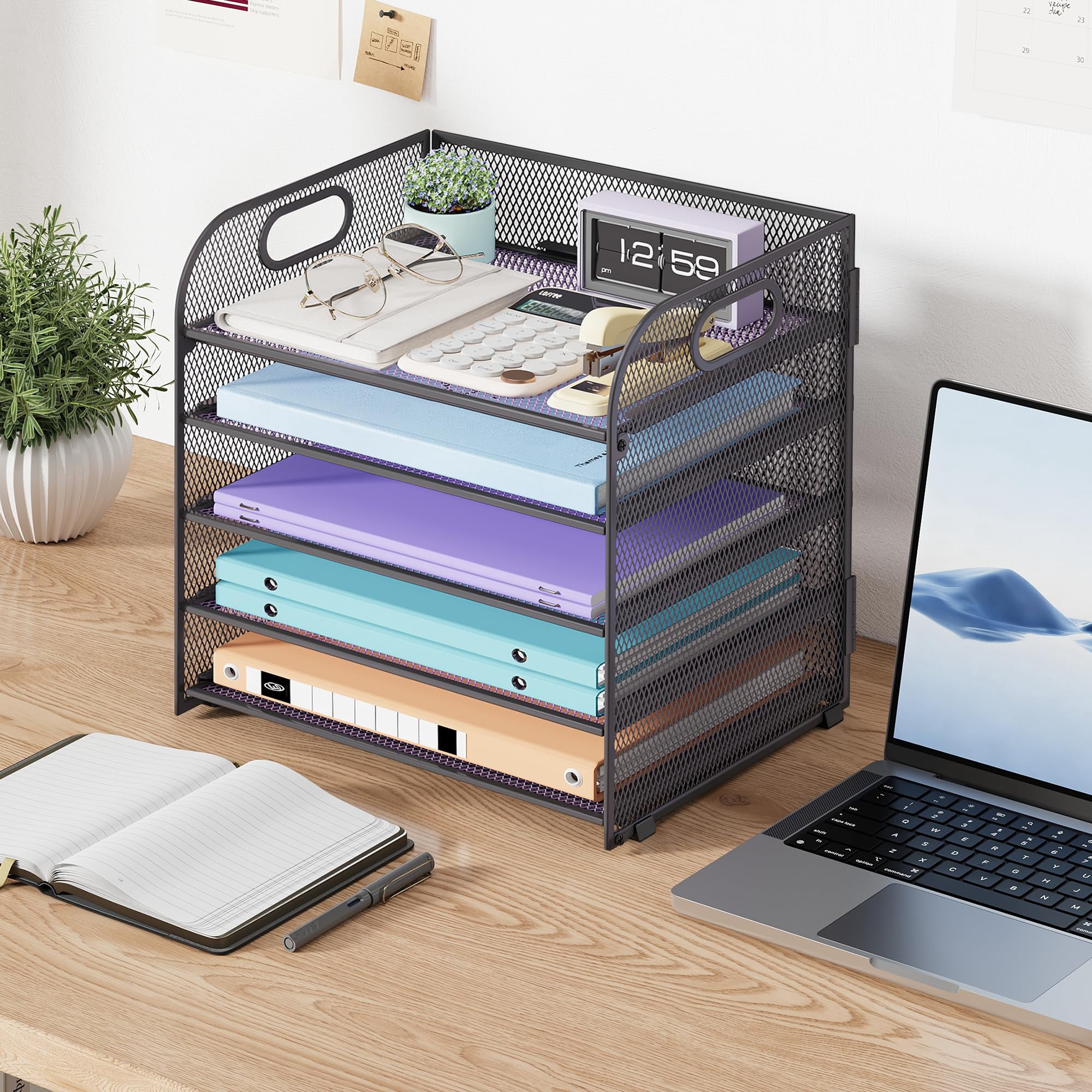 5 Tier Paper Organizer With Handle  Grey Metal Mesh Desk File Folder Letter Tray Desktop Document Sorter For Classroom School Office Accessories Organization And Storage