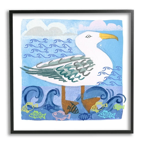 Stupell Industries Whimsical Seagull Bird Layered Ocean Waves Painting Graphic Art Black Framed Art Print Wall Art, Design by unknown