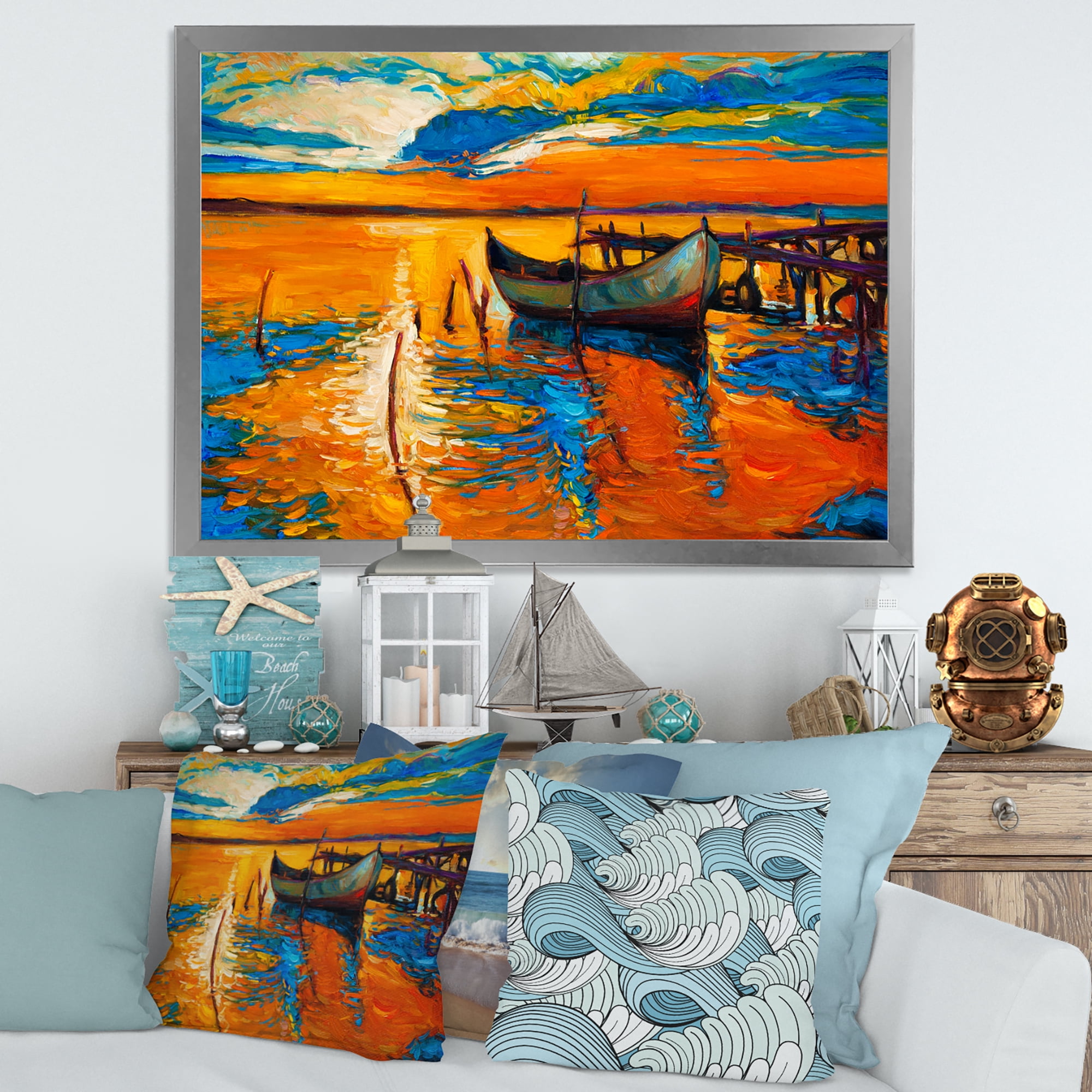 Boat At The Lake During Evening Glow VII 32 in x 16 in Framed Painting Canvas Art Print, by Designart