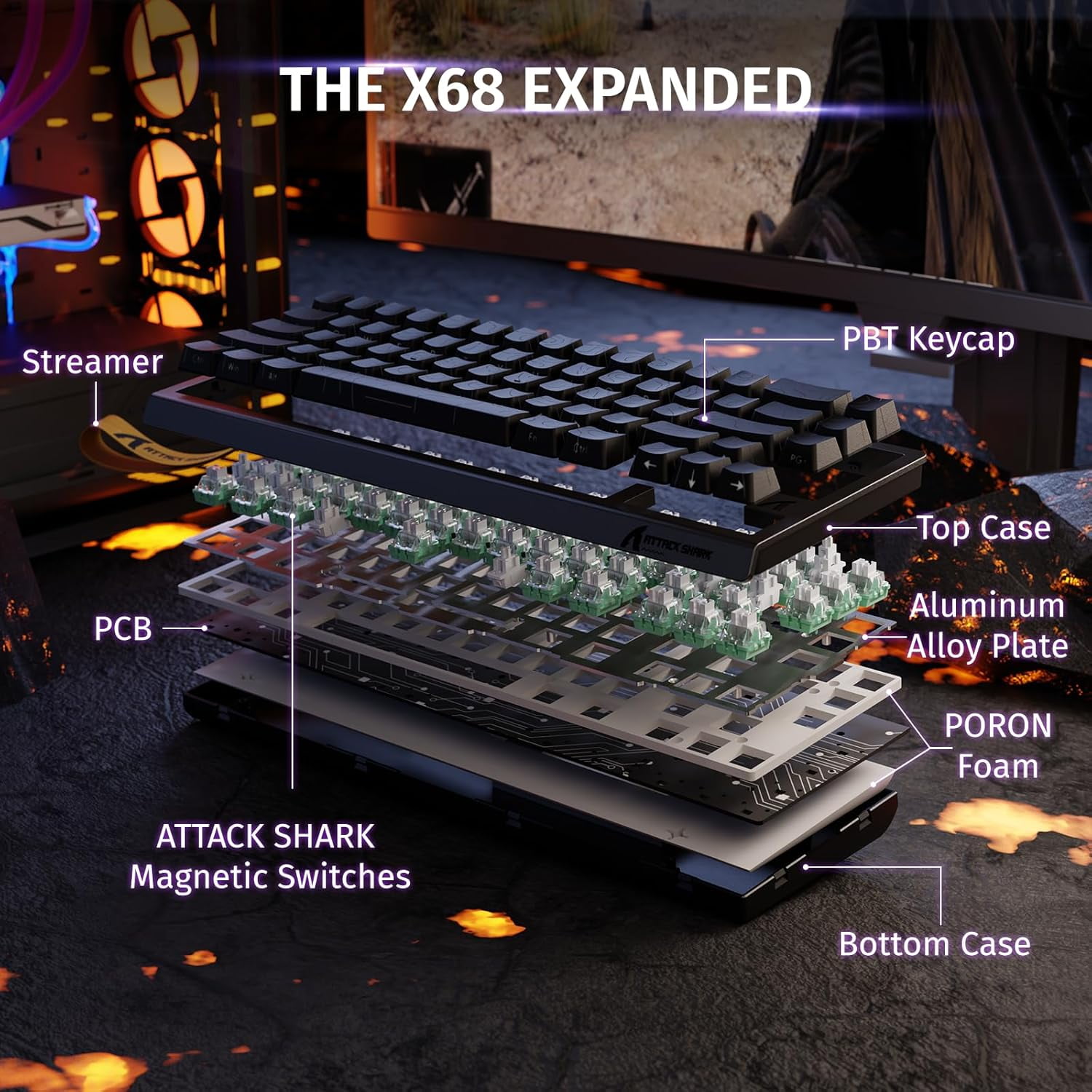 ATTACK SHARK X68 HE Rapid Trigger Keyboard Magnetic Switch, 60% Wired 8KHz Magnetic Keyboard With 0.01mm RT Accuracy, Support RT/Snap Tap/DKS/MT/TGL