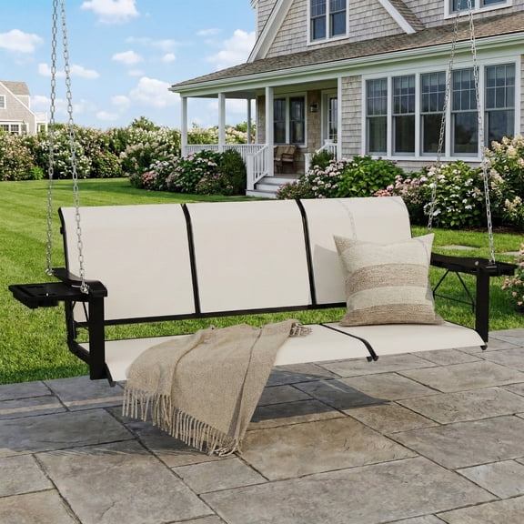 HOMREST Textilene 3 Seat Porch Swing with Cup Holder, 5.3FT Patio Hanging Swing Bench, 700lbs Capacity Outdoor Porch Swing with Hanging Chains for Deck Garden Backyard (Beige)