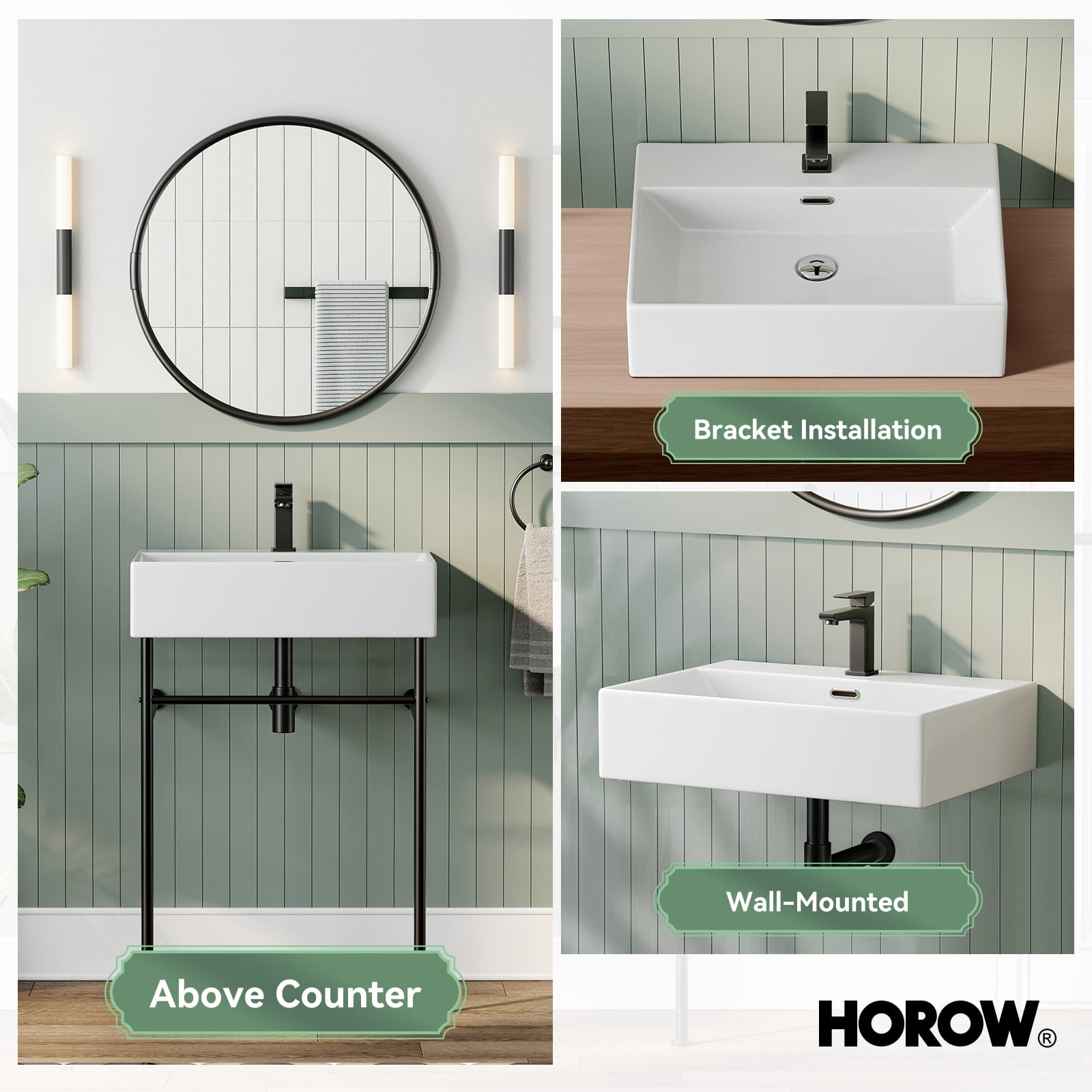 HOROW 24" Rectangular Console Bathroom Sink with Matte Black Stainless Steel Pedestal Legs