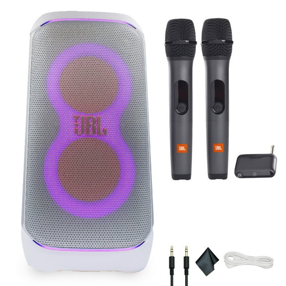 JBL PartyBox Club 120 Portable Bluetooth Speaker (White) 160W Bundle with Wireless Microphones (International Model)