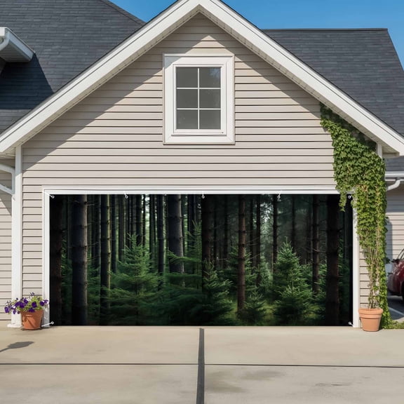 Green Forest Garage Door Cover Banner 6 x 13 FT, Mysterious Primitive Forest Pine Tree Garage Door Curtains Backdrop with Grommets for Indoor Outdoor Wall Party Porch Yard Decorations Background