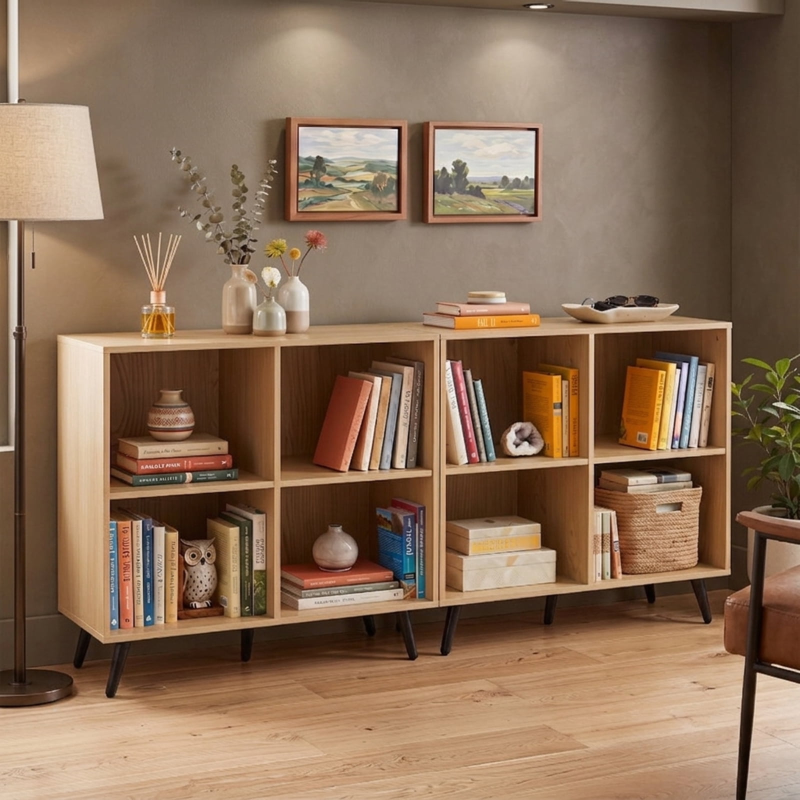 Furnibear 4-Cube Wooden Bookshelf, Freestanding Storage Bookcase with 5 Metal Legs and Enclosed Back for Living Room Home Office, Natural