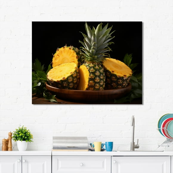 Designart pineapples Wall art decor, Pineapples Wall Art, Sliced Pineapples A Culinary Art , Yellow Large Traditional Canvas wall art, 32x16 inches